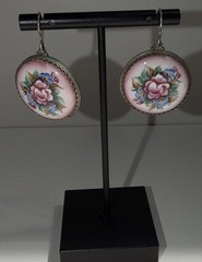 Vintage Earrings Rostov Finift Russian Enamel Painted Floral Dangle Silver Tone