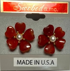 AUTHENTIC SWOBODA EARRINGS ~ HEART SHAPED CARNELIAN, PEARL ~ PIERCED ~ STUNNING!