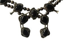Vintage Silver Tone Black Onyx Squash Blossom Statement 24in Western Nickle