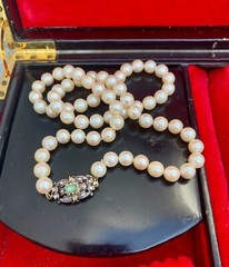 Antique 24″ Pearl Necklace, 18k Diamond Emerald Clasp, Spain Estate, 8 Diamonds