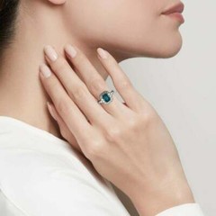 Art Deco Blue Topaz & Lab-Created Diamond Halo Wedding 14K White Gold FN Ring