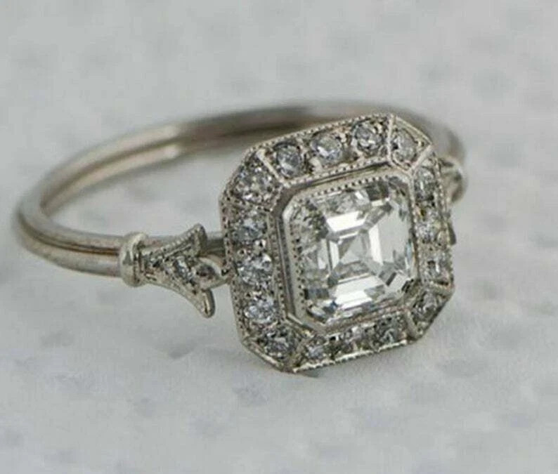 Art Deco Style Lab Created Diamond Edwardian Engagement 14K White Gold FN Ring