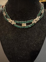 Vintage Art Deco Faux Emerald Green & Clear Rhinestones Collar Necklace