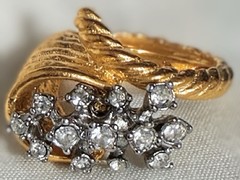 Vintage Rhinestone Paste Cornucopia Design Gold Plated Statement Ring 6 or 7