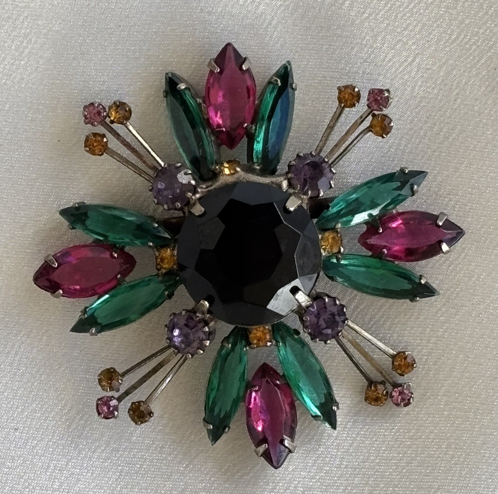 Vintage Maltese Cross Multicolor Round and Marquise Cut Rhinestones