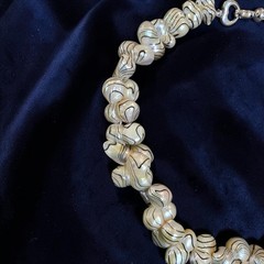 Vintage Art Glass Necklace White Iridescent Freeform Beads Black Swirl 16″ Heavy