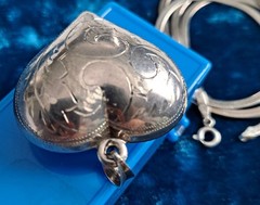 Vintage Puffy Heart Pendant Necklace Etched Design Included SS Chain 925