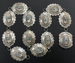 OLD PAWN Navajo 36″ Sterling Silver Concho Belt 12-Link ~ Vintage Blue Turquoise