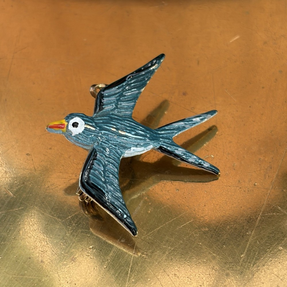 Vintage Enamel Swallow Bird Brooch Pin Blue Swift Folk Art Flying Animal Marine