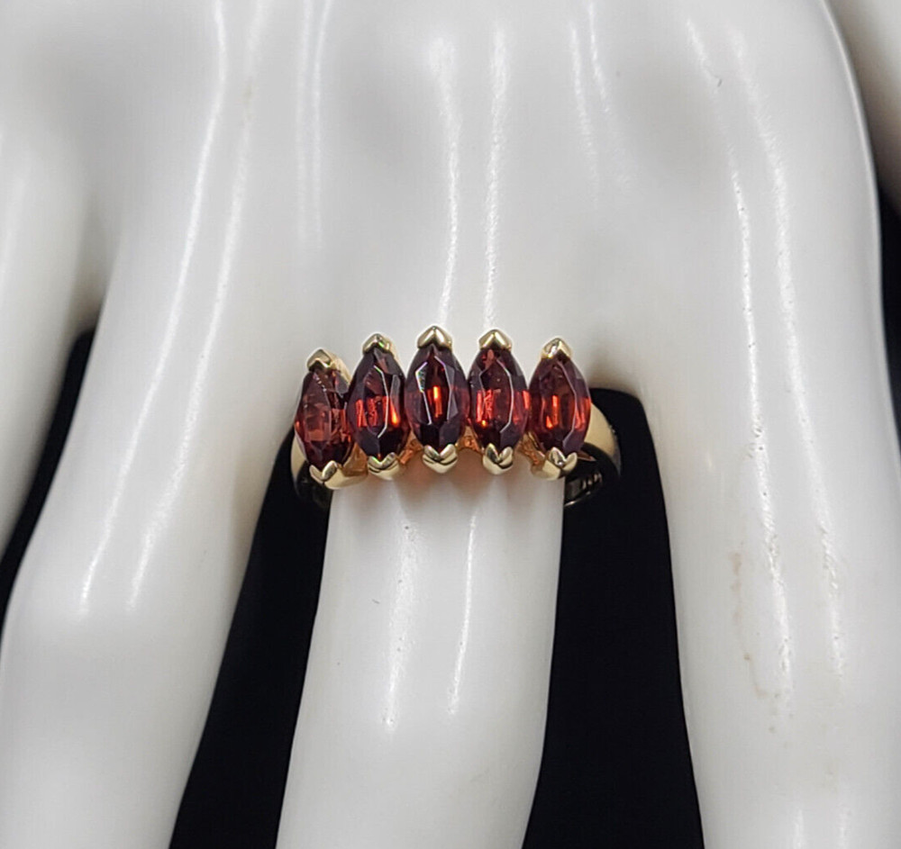 Vintage Almandine Garnet Ring, Five Stone 14K Gold Band Size 9