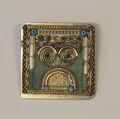 Abstract Wire Art Owl On Handcrafted Beaded Mixed Media Square Brooch Vintage
