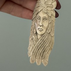 Vintage Native American Woman Eagle Carved Buffalo Bone Pendant