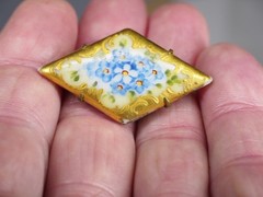 Antique hand painted porcelain brooch jewelry pin lot blue flower C clasp 2 1/4″