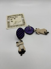 Vintage Tigre Lis Polymer Clay Clip On Cat Earrings by Karen Justice 80’s