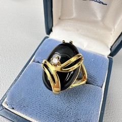 SETA Gold Plated Black Onyx Caabochon Rhinestone Cab Ring Vintage Sz 8