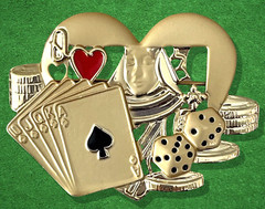VTG AJC Brooch Pin Queen of Hearts Royal Flush Chips Dice Goldtone Enamel &Bonus