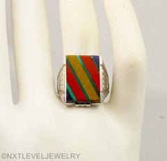 Antique Art Deco Lapis Malachite Multi Gemstone Inlay 10k Solid Gold Men’s Ring