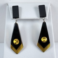 Vintage Black & Golden Color Lucite Rhinestone Dangle Pierced Earrings
