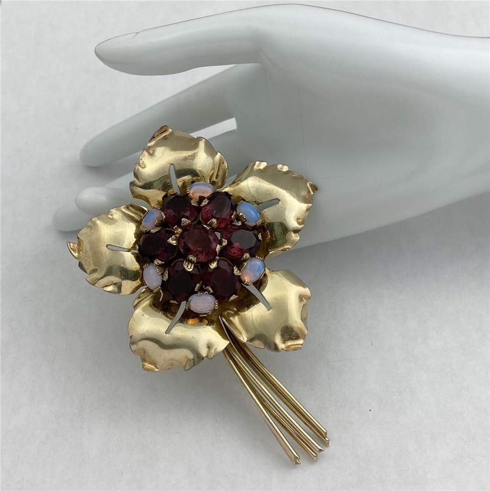 Vintage Sterling Silver/ Gold Floral Bouquet with Purple & Opal Glass Gems 4″ L