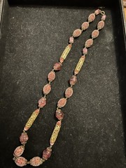 VTG Burgundy Glass Bead Necklace: Frit Sugared, Molded, Open Work Metal 26 In