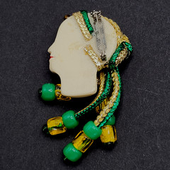 Lady Face Hand Painted Resin Braided Bead Long Hair Art Deco Revival Brooch Pin