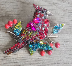 Colorful Rhinestone Red Cardinal Brooch Pin Gold Tone Crystal 3″