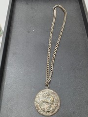 Vintage Asian Dragon Medallion Pendant Necklace | Antique Silver Tone Statement