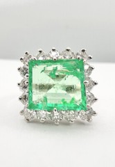 Vintage 14k White Gold 3.50ct Green Emerald & 1.25ct Diamond Halo Ring