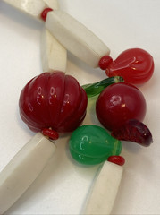 Fun! Red & White Plastic Fruit Salad 34″ Necklace W Dangle Clip Earrings Germany