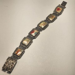 Vintage Swiss Enamel Asian Cities Bracelet – Filigree Silver Metal 7″ Antique