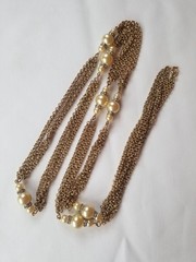 Vintage 54″ Multi Chain Necklace Faux Champagne Pearls Rhinestones Germany