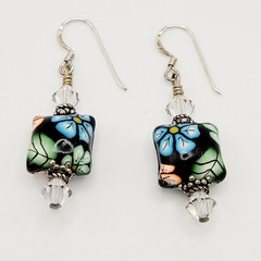 Polymer Clay Puffed Pillow Mold Colorful Floral 925 Silver Hook Pierced Earrings