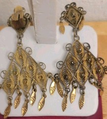 Earrings Clip On Jerusalem 935 Silver Dangle Filigree /Cannetille /antique