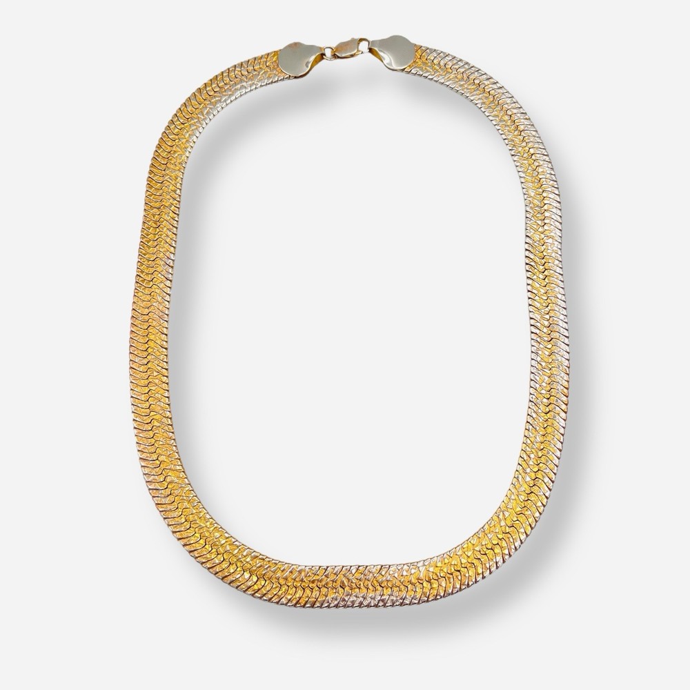 Vintage Gold Tone Herringbone Necklace Cobblestone Reversible Wide 11mm 17.75”