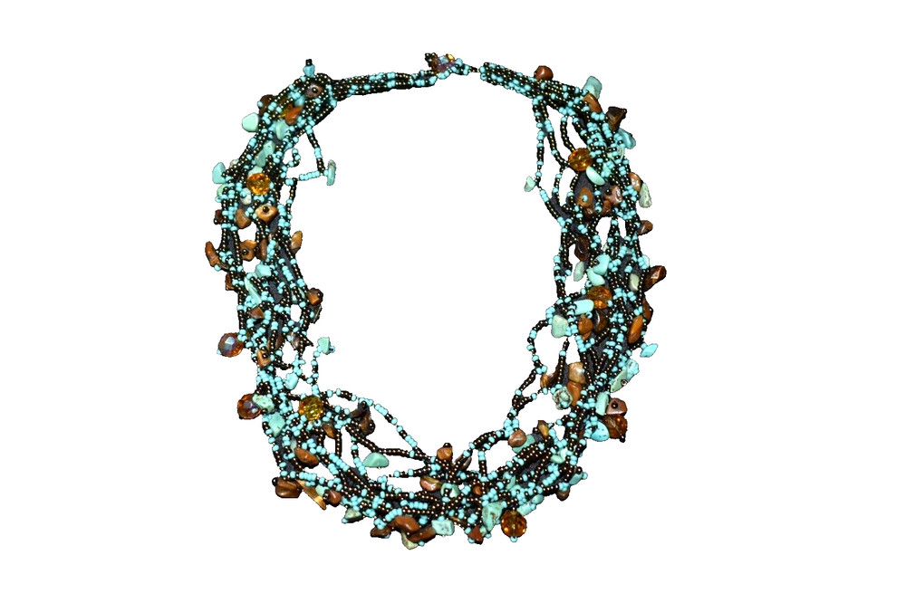 Vintage? Genuine Turquoise And Tiger Eye Nuggets Beads Necklace 19.5″L