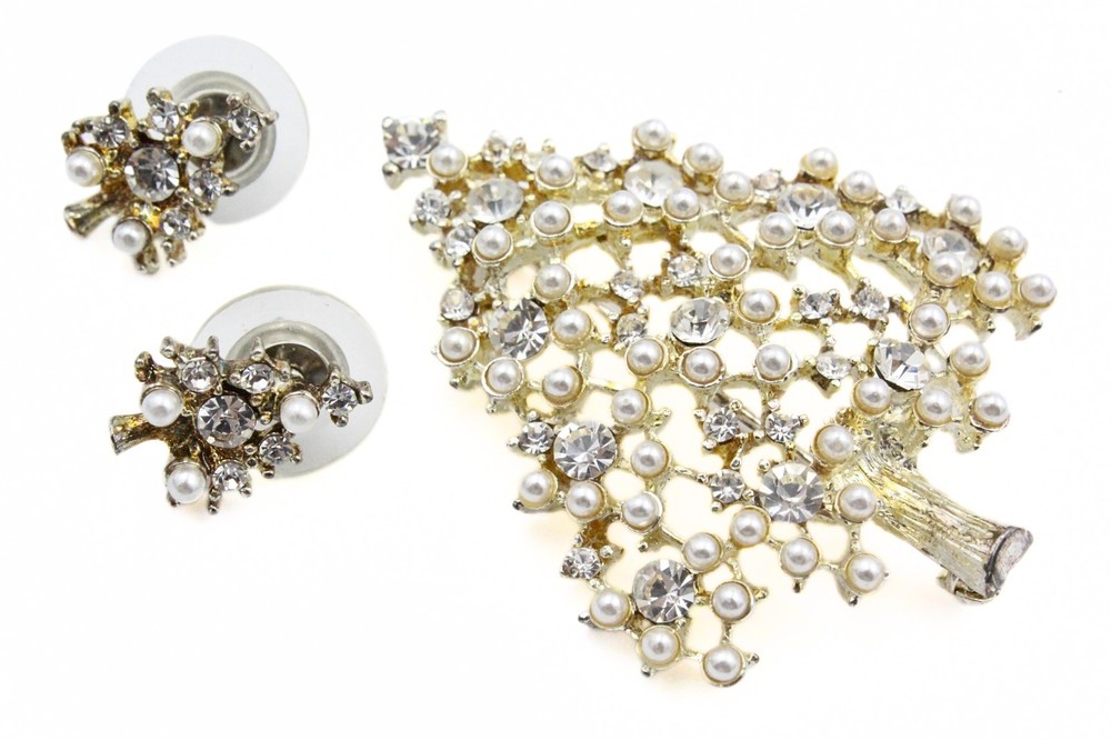 Eisenberg Ice Designer Rhinestone Faux Pearl Christmas Tree Brooch Earrings Set