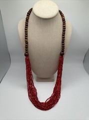 Vintage Red Glass Seed Bead Necklace Multi Strand with Wood Beads 34”