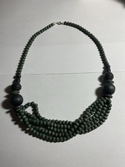 Vintage Wood Bead Necklace Dark Green Black 22.5” White Thread Spring Ring