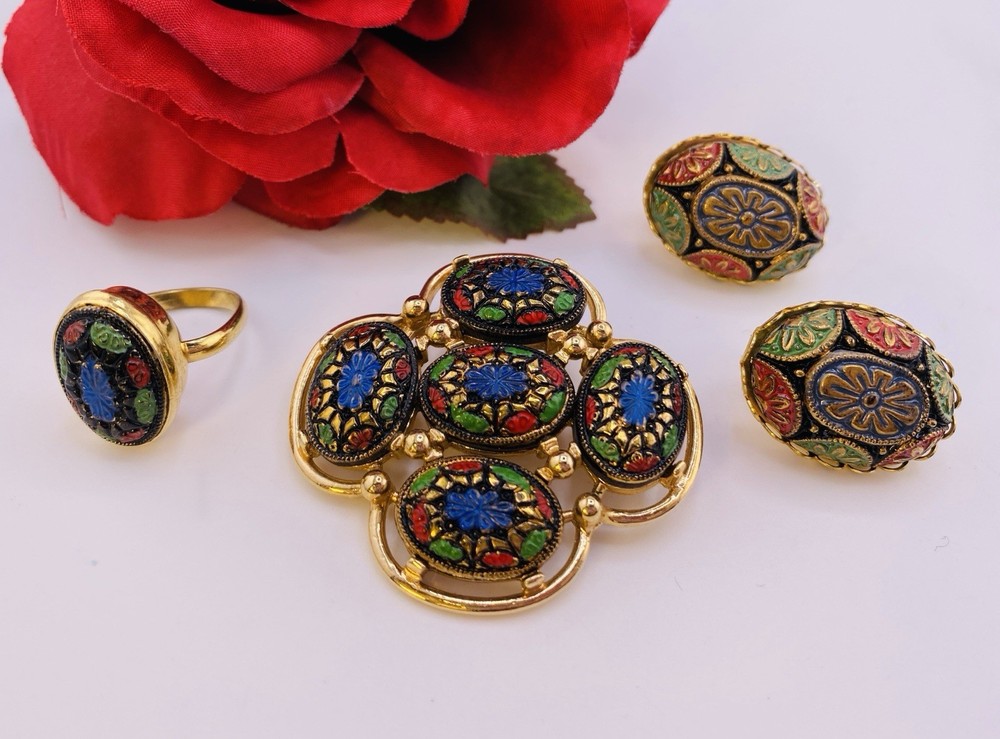 Vintage SARAH COVENTRY Jewelry Light Of The East Brooch Ring & Earrings 1968