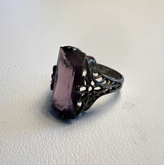Vintage Sterling Silver Art Deco Style Emerald Cut Amethyst Ring Size 4.25