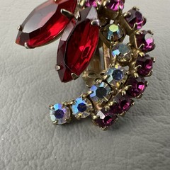 Vintage Clip Earrings Red Pink AB Rhinestone Gold Tone