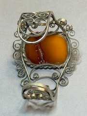Vintage Baltic Amber Filigree Cuff Bracelet Soviet Era Sterling Silver Plated