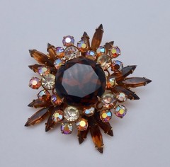Vintage Brown AB & Clear Glass Rhinestone Layered Starburst Brooch Pin CJ83
