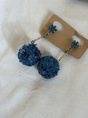 Woman’s 1960’s Earrings Clip Dangling Blue Flower Ball 2 Inch Enamel