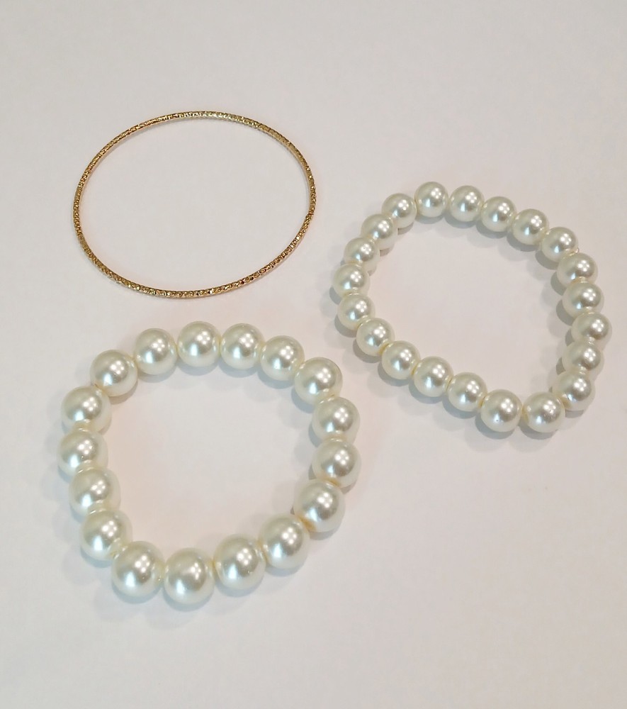 BEAUTIFUL VINTAGE glass pearl beads & Gold Bangle~ Set Of 3~ 2.41oz HEAVY