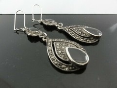 VTG OLD AWESOME MARKASITE & BLACK ONYX LONG DANGLE EARRINGS PIERCED