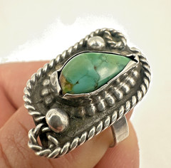 Vintage Navajo Old Pawn Style Sterling Silver Turquoise Ring Lasso Unique Sz. ~8