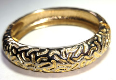 Unsigned Designer Cuff Clamper Bracelet 1980’sEmbossed Textured Hinged Goldtone