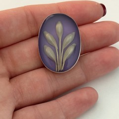 Vintage 925 Sterling Silver Purple Glass Flower Oval Brooch Pin Pendant