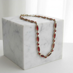 Vintage Monet Gold Sim Ruby Necklace 16″ Marquise Link Toggle Collar Tag New
